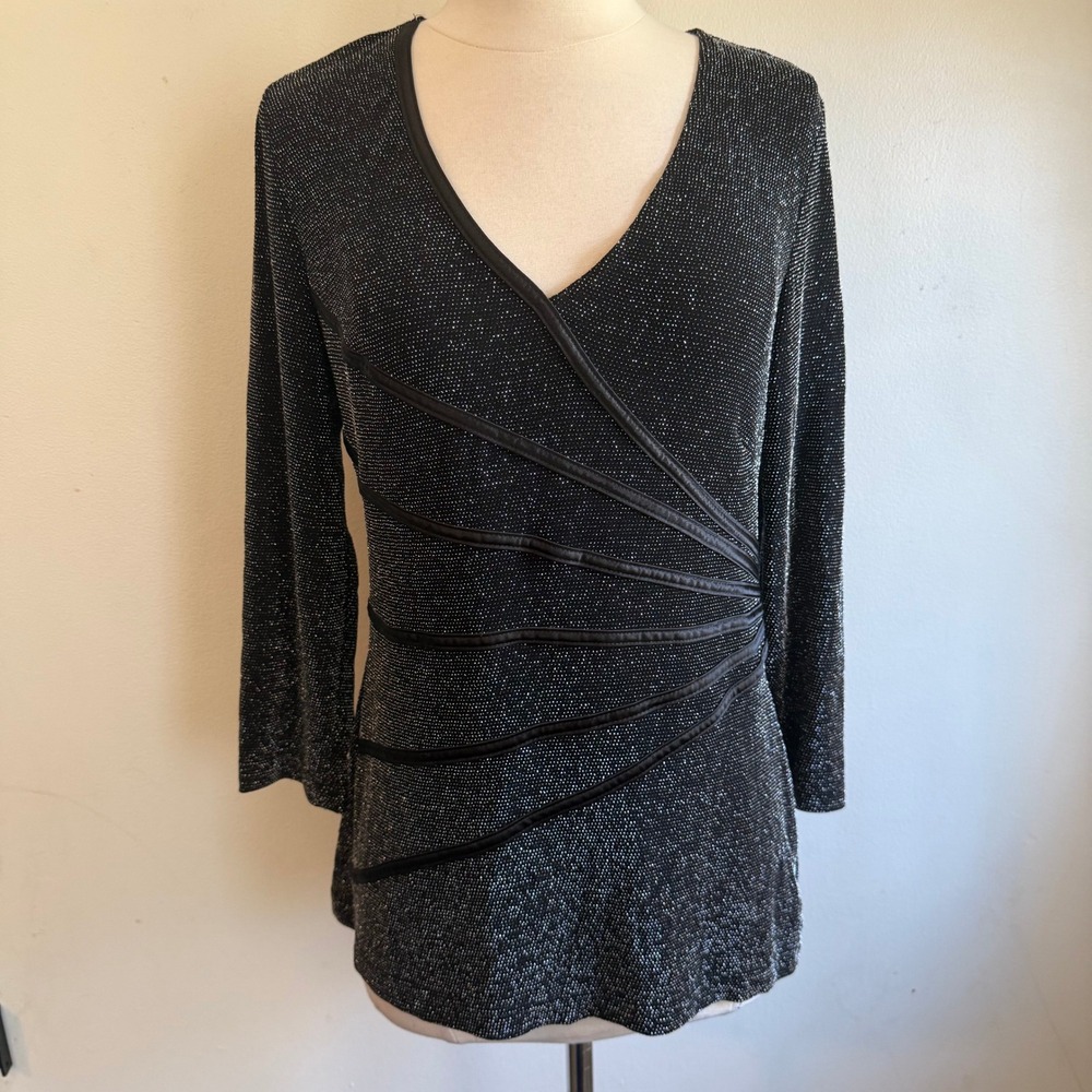 Dressbarn Collection Womens Silver Black Metallic Top Blouse Medium T6700870M
